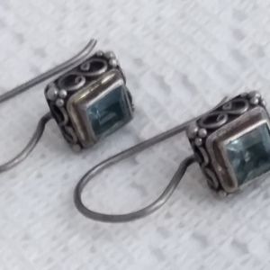 Vintage925 Silver Square Earrings Aquamarine Stone